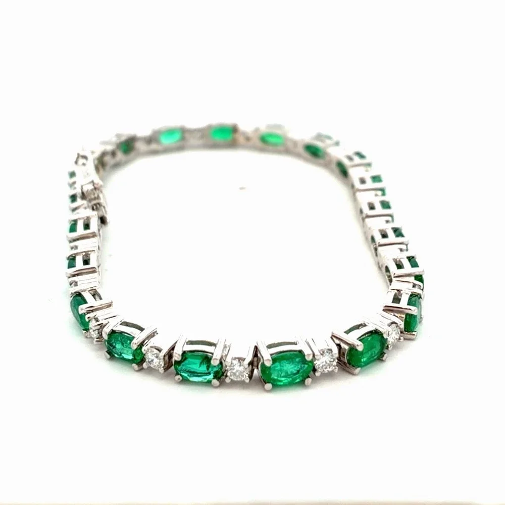 Estate 14K White Gold Oval Emerald Round Diamond Statement Tennis Bracelet